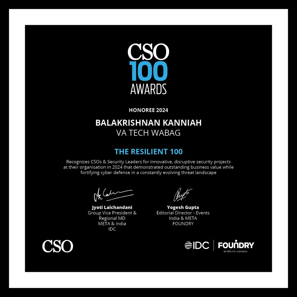 Our Chief Information Officer - IT, Mr. Balakrishnan Kanniah, has received 'The Resilient - CSO100 - 2024' Award from IDC | India - Foundry. He was presented the award for implementing innovative and disruptive cyber security projects at WABAG in 2024.