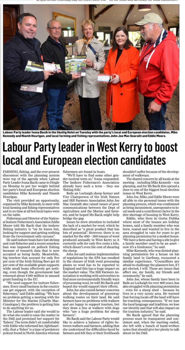 We had a great reception in beautiful #Dingle yesterday for our local #LE24 <a href="/labour/">The Labour Party Ireland</a> candidate Mike Kennedy ⁦<a href="/LabourKennedy/">Mike Kennedy Labour</a>⁩ &amp; for our #IrelandSouth #EP24 candidate ⁦<a href="/niamhhourigan1/">Prof. Niamh Hourigan</a>⁩ - nice coverage in ⁦<a href="/kerryman_ie/">The Kerryman</a>⁩ too ! #Kerry