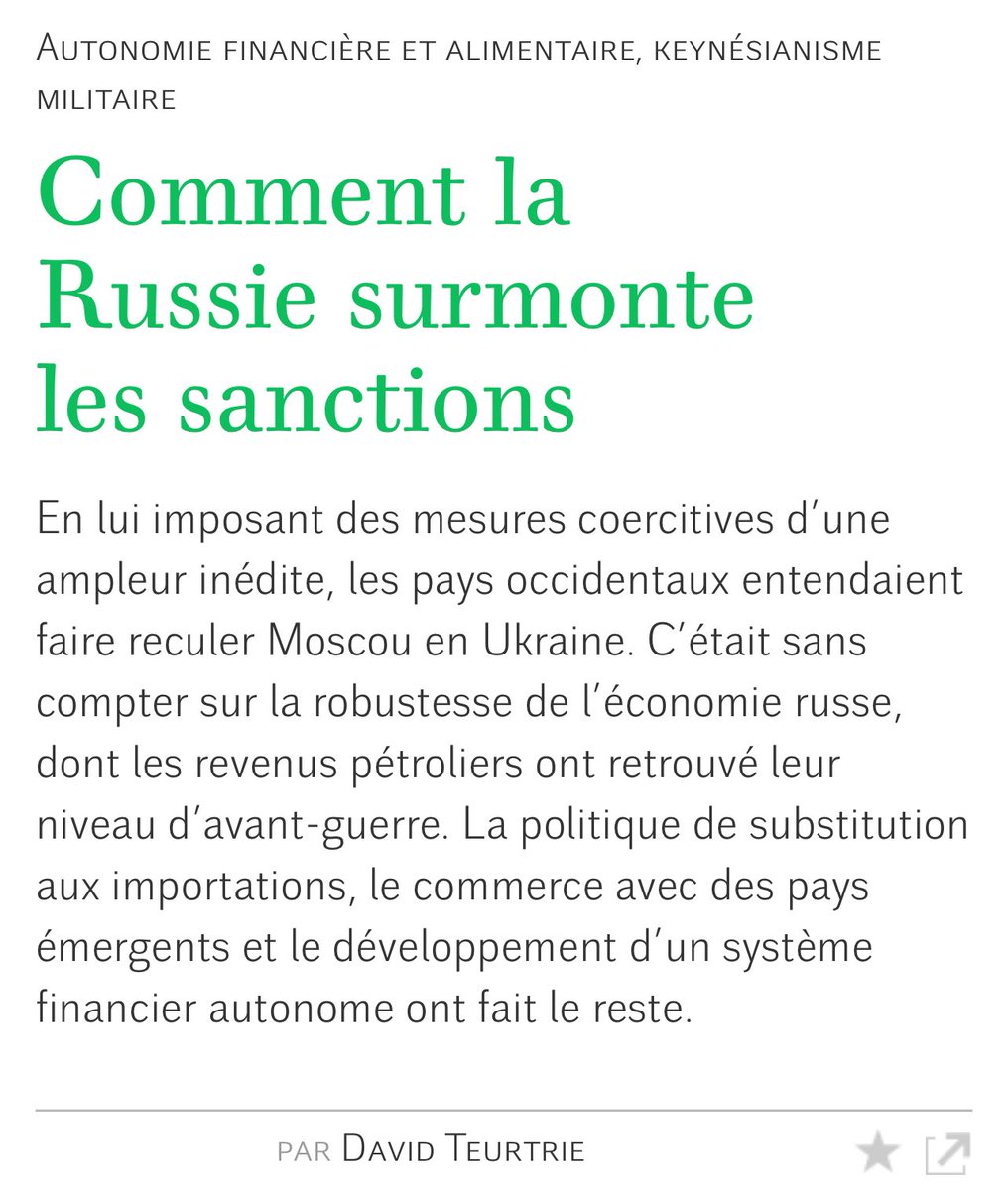 Comment la Russie surmonte les sanctions. En lui imposant des mesures coercitives d’une ampleur inédite, les pays occidentaux entendaient faire reculer Moscou en Ukraine. C’était sans compter sur la robustesse de l’économie russe. Par David Teurtrie. monde-diplomatique.fr/2024/06/TEURTR…