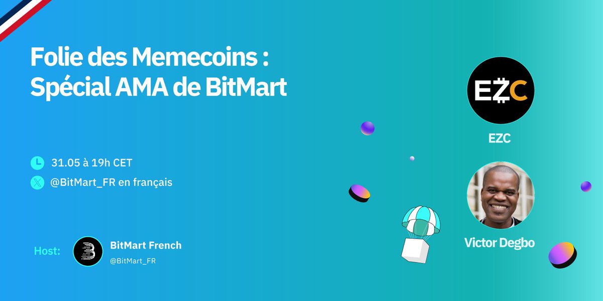 Bonjour les BitMartiens !

Rejoignez notre AMA cette semaine avec <a href="/EasyCryptoEZC/">EZC</a> et <a href="/VictorDegbo/">Victor Degbo</a> 💥
Et tentez à gagnez dans un AirDrop de 200 USDT en jetons! 

Quand? Vendredi 31.05 à 19h 
Où? Twitter <a href="/BitMart_FR/">BitMart_FR</a> 

Sujet "Folie des Memecoins : Spécial AMA de BitMart" 

Lien d’AMA