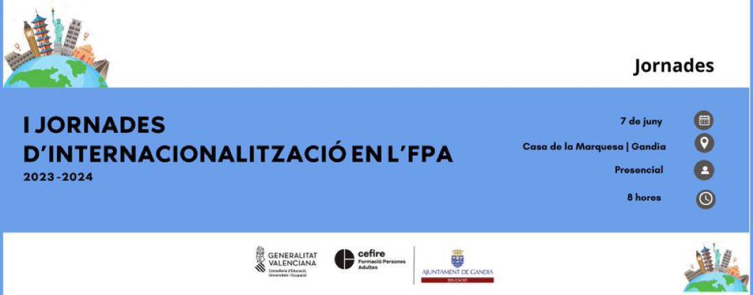 📢 Encara pots inscriure't a les "I Jornades d'internalització en l'FPA"

✍️Fins al 2 de juny
🗓️7 de juny
⌛️8 hores
🏫casa de la Marquesa (Gandia)

➕ℹ️✍🏻👇🏻
🔗 cefire.edu.gva.es/sfp/index.php?…

#ÀmbitFPA