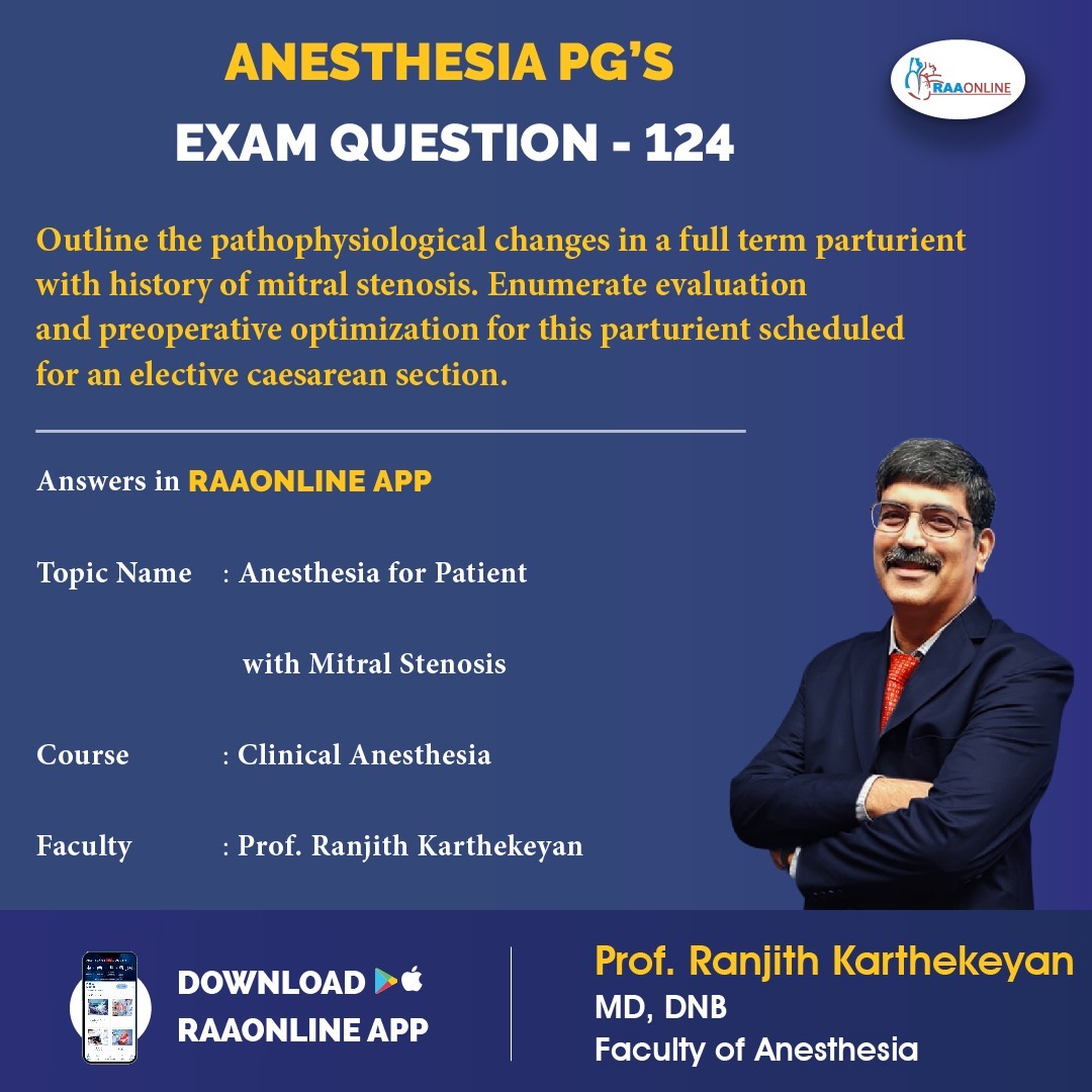 Raaonline's tweet photo. Anesthesia PG's Exam Question 124 - Anesthesia for Patient with Mitral Stenosis on RAAONLINE App.
Android: https://t.co/fSlaHVpc0T
IOS: https://t.co/oJAMS4dSCa
For more details Contact: +91 9994994266
#Raaonline #pastexampapers #anesthesia #mitral #stenosis #anesthesianotes https://t.co/BQtBphaKNA