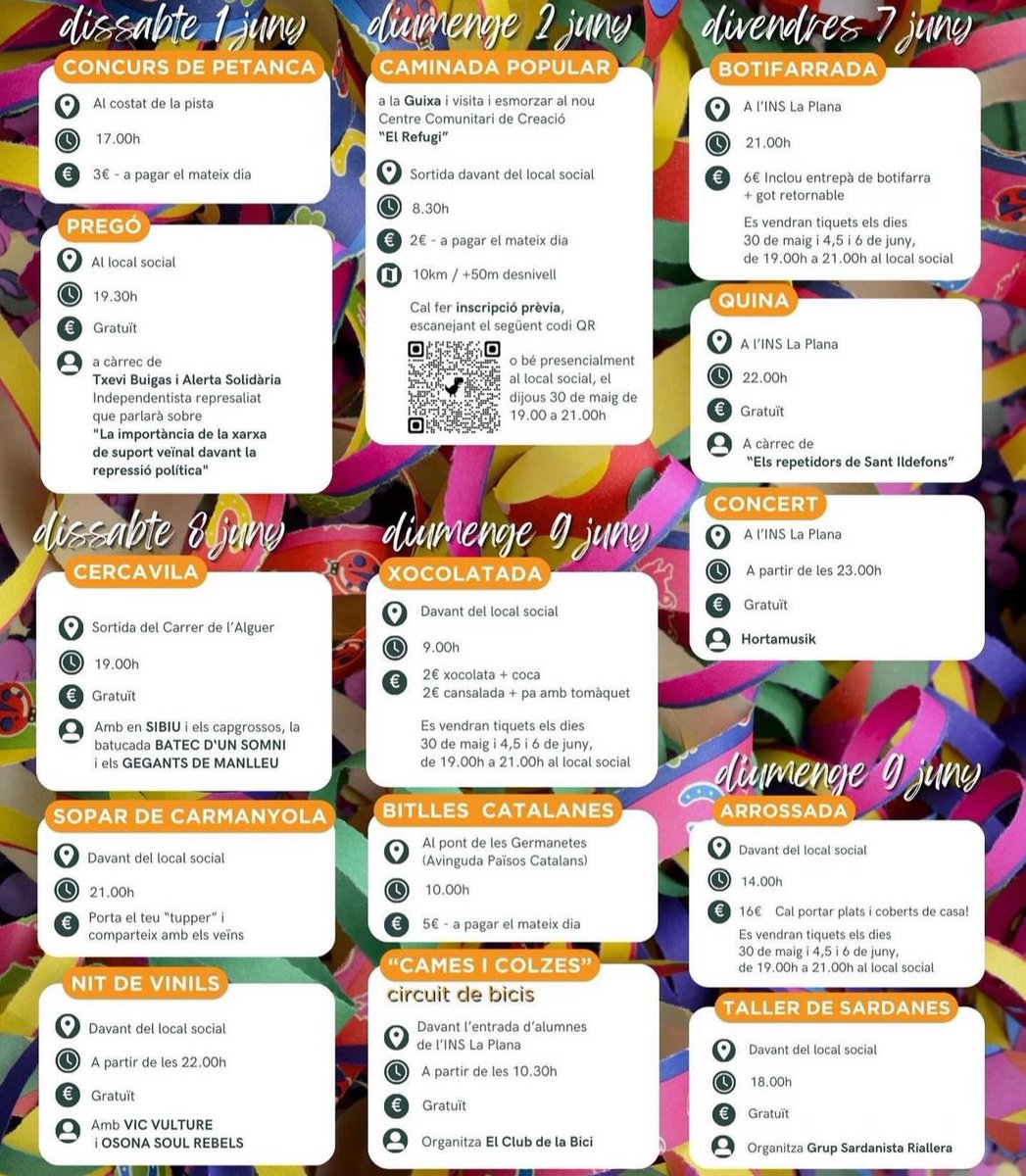 Festeshvermella's tweet photo. Us presentem la programació d’enguany.
Caldrà comprar, amb antel•lació, tiquets per la botifarrada, la xocolatada i l'arrossada al local social del barri (https://t.co/lCkvtNJ37A) els dies 30 de maig i 4, 5 i 6 de juny, de
19:00h a 21:00h. Només efectiu. 

@aj_vic @vic_cultura https://t.co/YlTTXE6tjU