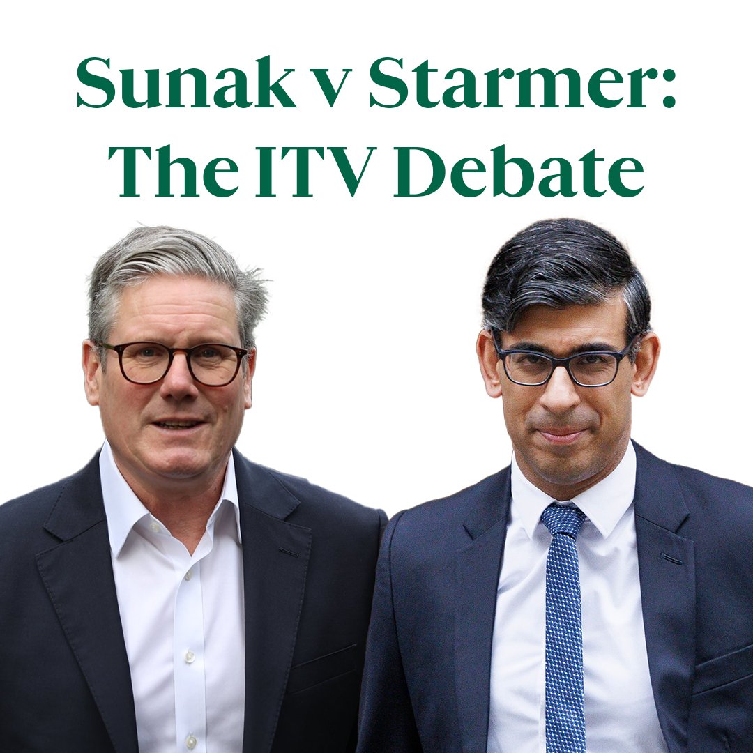 ITV's tweet image. The first head-to-head General Election debate between Rishi Sunak, leader of the Conservative Party, and Keir Starmer, leader of the Labour Party, will take place on Tuesday 4th June at 9pm on #ITV1 and #ITVX. #GeneralElection