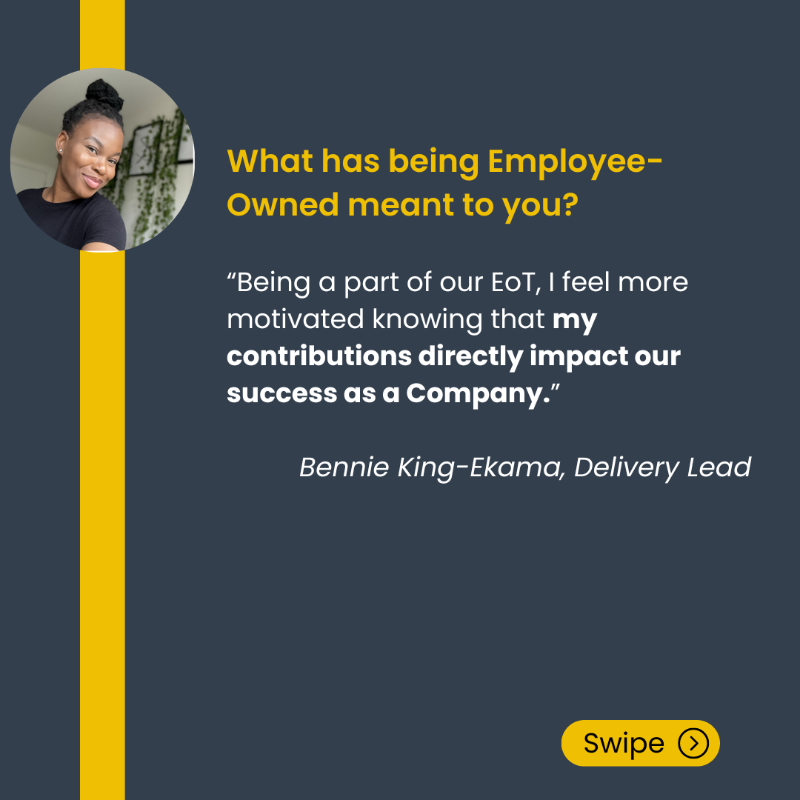 AnswerDigital's tweet photo. The 29th May is a special day in Answer’s Calendar. This year marks the 4 year anniversary of Answer Digital being #EmployeeOwned.

To mark the Anniversary, we’ve asked a few of our Answer people what means the most to them about being Employee Owned!

#AnswerDigital #PeopleFirst