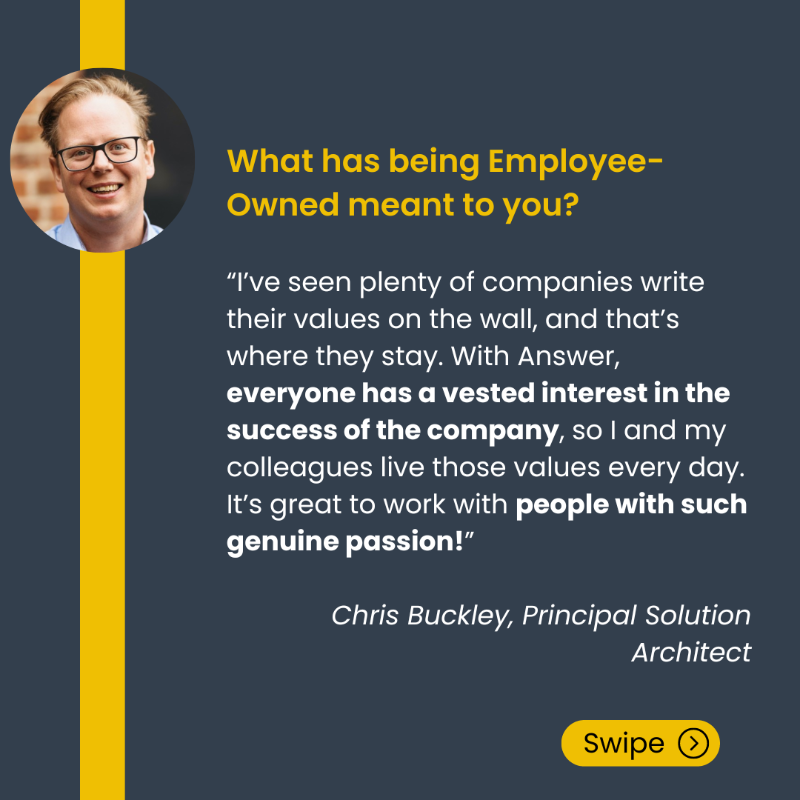 AnswerDigital's tweet photo. The 29th May is a special day in Answer’s Calendar. This year marks the 4 year anniversary of Answer Digital being #EmployeeOwned.

To mark the Anniversary, we’ve asked a few of our Answer people what means the most to them about being Employee Owned!

#AnswerDigital #PeopleFirst