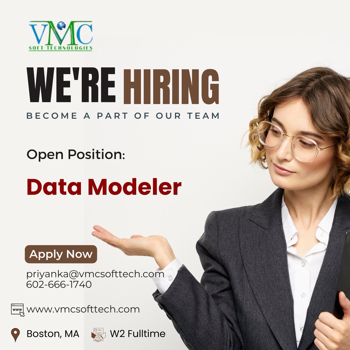 VMC Soft Technologies looking for a Data Modeler in location Boston, MA . Job Title: Data Modeler Locations: Boston, MA Contract: W2 Full-Time For more details: priyanka@vmcsofttech.com/ 602-666-1740 #datamodel #datascience #dataanalytics #ai #machinelearning #datamining