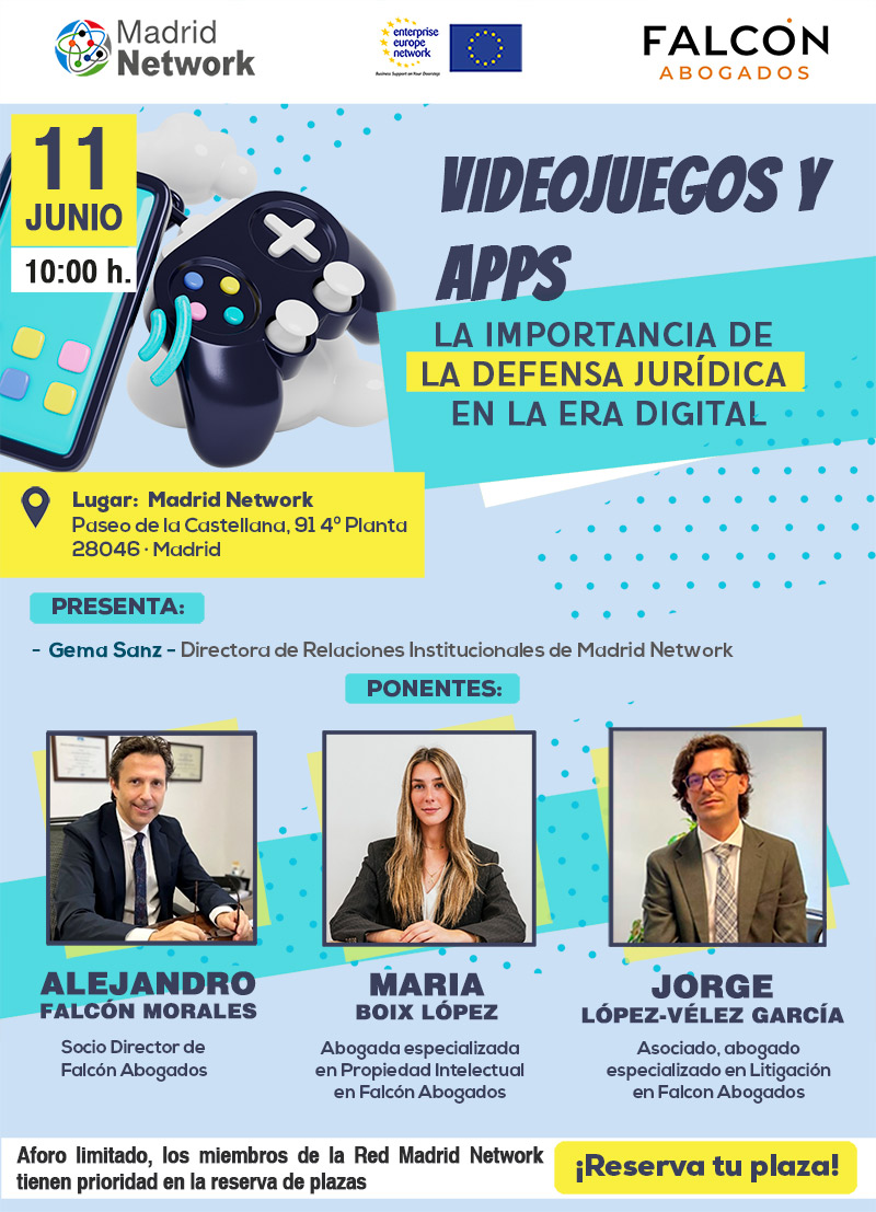 La importancia de la defensa jurídica en la era digital. Una charla organizada por @falconabogados, en la que daremos soluciones para dotar de seguridad jurídica a las creaciones en #software y #apps. 🗓️ 11 junio - 10 h. Reserva tu plaza > madridnetwork.madrid/evento/videoju… @gemasanzs