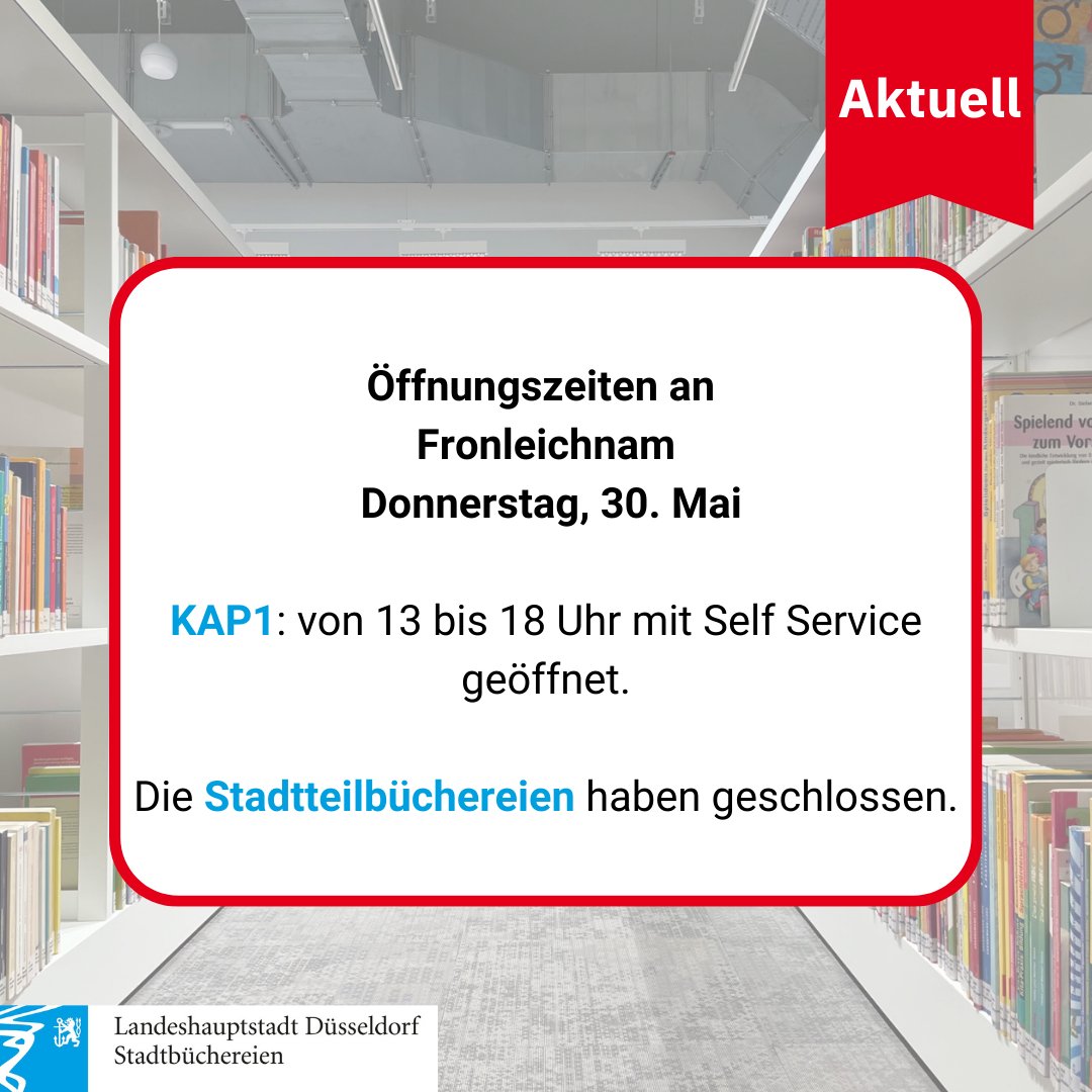 Es ist #Fronleichnam, aber ihr möchtet nicht auf euren Bibliotheksbesuch verzichten? Dann kommt morgen ins KAP1! Das ist von 13 - 18 Uhr mit Self Service für euch geöffnet 😊

#zentralbibliothek #zentralbibliothekimkap1 #duesseldorf #buecherei #library