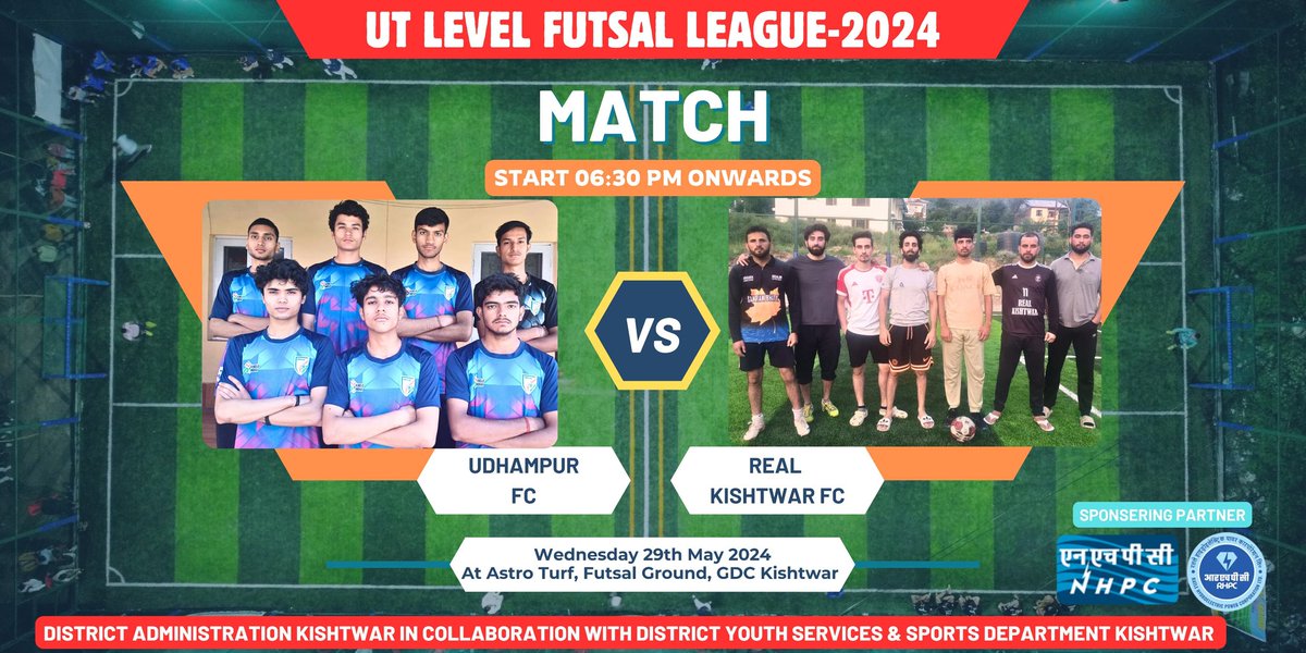 UT Level FUTSAL League-2024 UDHAMPUR FC vs REAL KISHTWAR FC On Wednesday 29th May 2024 at Astro Turf, Futsal Ground, GDC Kishtwar. Time: 06:30 Onwards @Devansh_IAS @diprjk