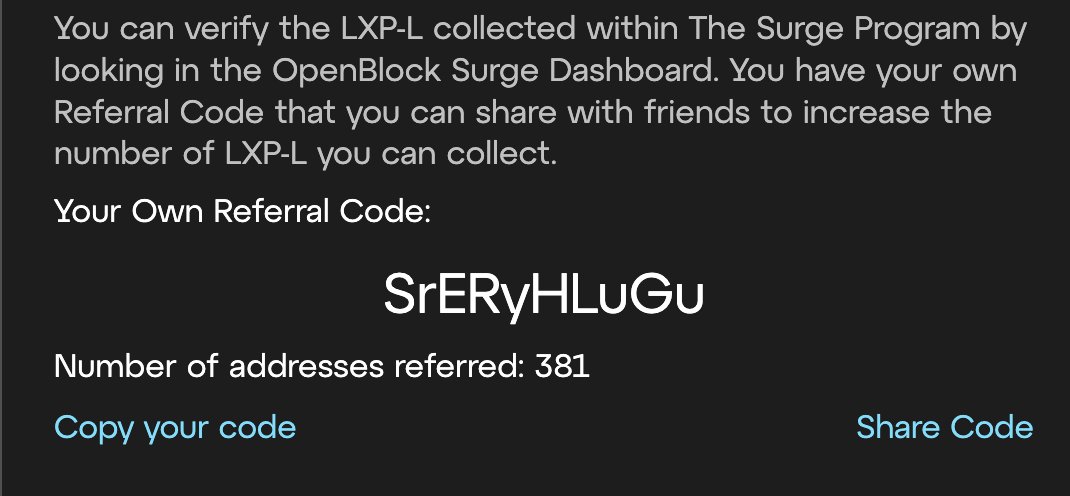 Linea Surge Activation Code: SrERyHLuGu

If you haven't activated a referral code yet, you won't be farming LXP-L points!

Join my massive group of 381 WHALES NOW!

Ref link: referrals.linea.build/?refCode=SrERy…

#Linea #Surge #SurgeOnLinea #LineaSurge $LXP #LXP $LXPL #LXPL