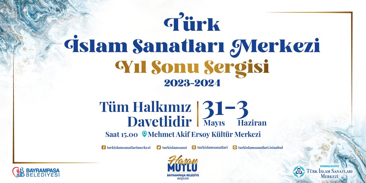 Türk İslam Sanatları (TİSEM) Sergimize davetlisiniz! 🌟 31 Mayıs-3 Haziran tarihleri arasında düzenlenecek olan bu özel sergimizde, İslam dünyasının zengin kültürel mirasını yansıtan eserler sizleri bekliyor. Hat sanatı, Rokoko, Ebru, Çini ve daha birçok sanat dalından seçkin