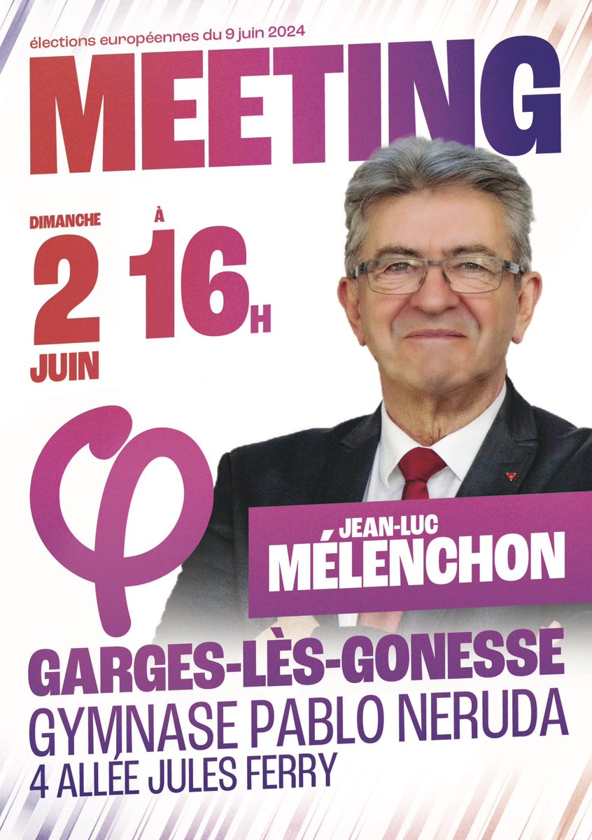 Jean-Luc Mélenchon en meeting à Garges-lès-Gonesse ! Je vous donne rendez-vous ce dimanche 2 juin, à 16 heures, au gymnase Pablo Neruda, à Garges-lès-Gonesse, pour un meeting de Jean-Luc Mélenchon dans le cadre des élections européennes qui se tiendront le 9 juin prochain !