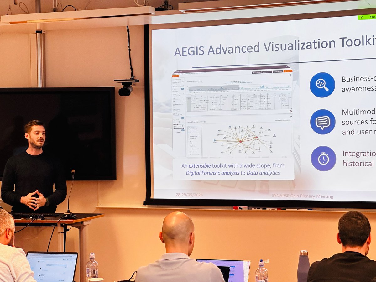 AegisITResearch's tweet photo. Day 2 at the #SYNAPSE plenary in Oslo: Chronis Ballas is presenting our Advanced Visualisation Toolkit and the key features.
#AEGIS #AVT https://t.co/hgcDDxPgRh
