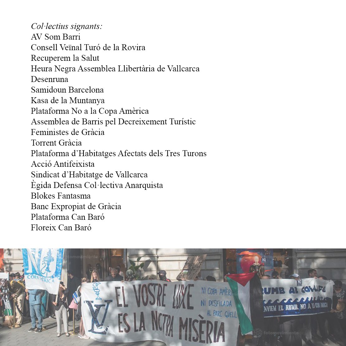 LV: L de lluita veïnal ✊🏽, V de violència policial🛑
Comunicat veïnal de tots els col•lectius participants en la protesta del passat 23 de maig per la desfilada del Louis Vuitton al Parc Güell‼️
#BarcelonaNoEstàEnVenta
#BoicotLouisVuitton
#NoALaCopaAmèrica