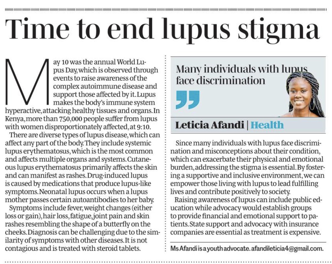 'By fostering a supportive and inclusive environment, we can empower those living with lupus to lead fulfilling lives and contribute positively to society. ' @AfandiLeticia Published by :@NationAfrica