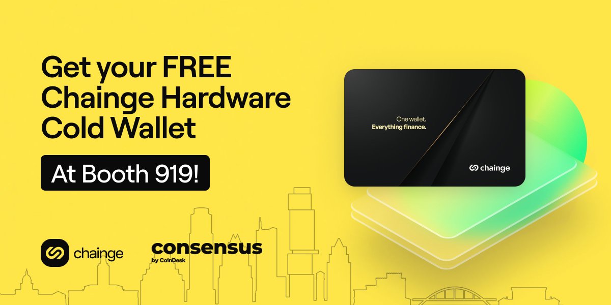 💥 Just landed at #Consensus2024 Visit us at booth 919 today and get the $99 Chainge hardware cold wallet for FREE if: - You have 1,000+ Twitter followers - Follow @FinanceChainge - Show off your hw wallet in a tweet & tag us