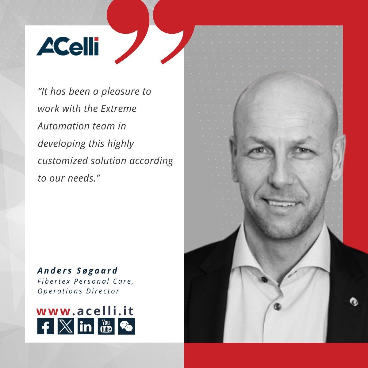 '[...] The tool offers easy access to all relevant machine and process data in a fraction of a second [...]' Anders Søgaard, Fibertex Personal Care Operations Director #acelli #onaroll #nonwovens #customer #statement #quote #feedback