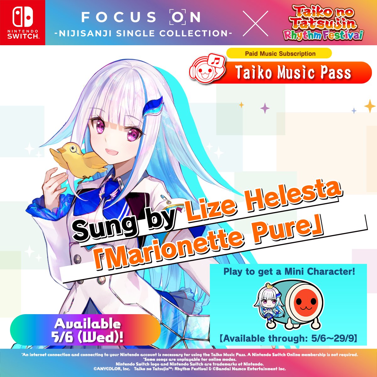 ✨FOCUS ON × #TaikonoTatsujin ✨

Introduction of participating members 📢

Lize Helesta sings 'Marionette Pure”!
Get Mini Characters by playing songs on Taiko Music Pass 🎵

#Nijisanji #FocusOn