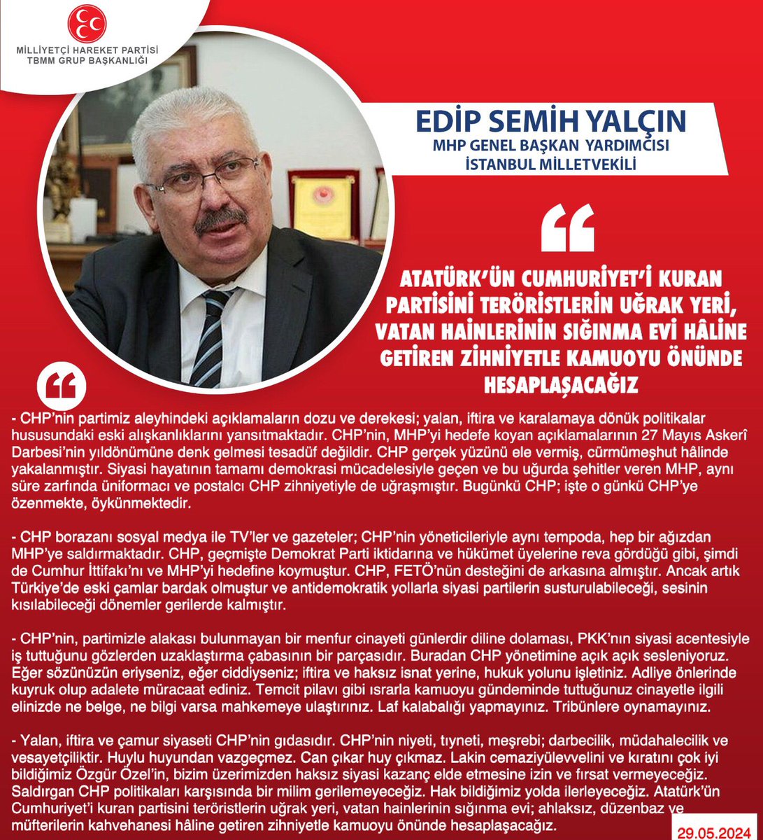MHP Genel Başkan Yardımcısı ve İstanbul Milletvekilimiz Prof. Dr. E. Semih Yalçın @E_SemihYalcin: Atatürk’ün Cumhuriyet’i kuran partisini teröristlerin uğrak yeri, vatan hainlerinin sığınma evi hâline getiren zihniyetle kamuoyu önünde hesaplaşacağız mhphaber.com/?p=10523