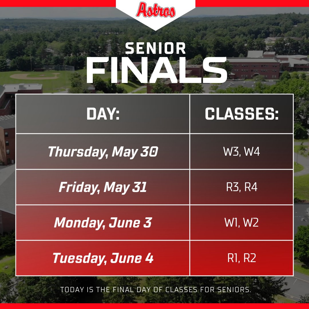 📆 Seniors, it's that time! 🚀

Here is your exam schedule for the Class of 2024. Enjoy your last day of school today, and study for your finals!

#TogetherWeArePinkerton #GoAstros