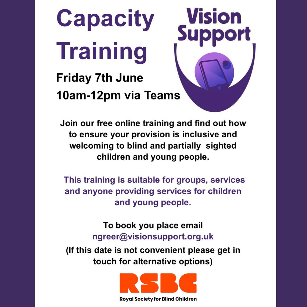 Does your organisation provide activities or services for children & young people living with a #VisionImpairment? Join our free online training on 7th June 10am - 12pm to find out how to make your services more accessible & inclusive. Email ngreer@visionsupport.org.uk to book!