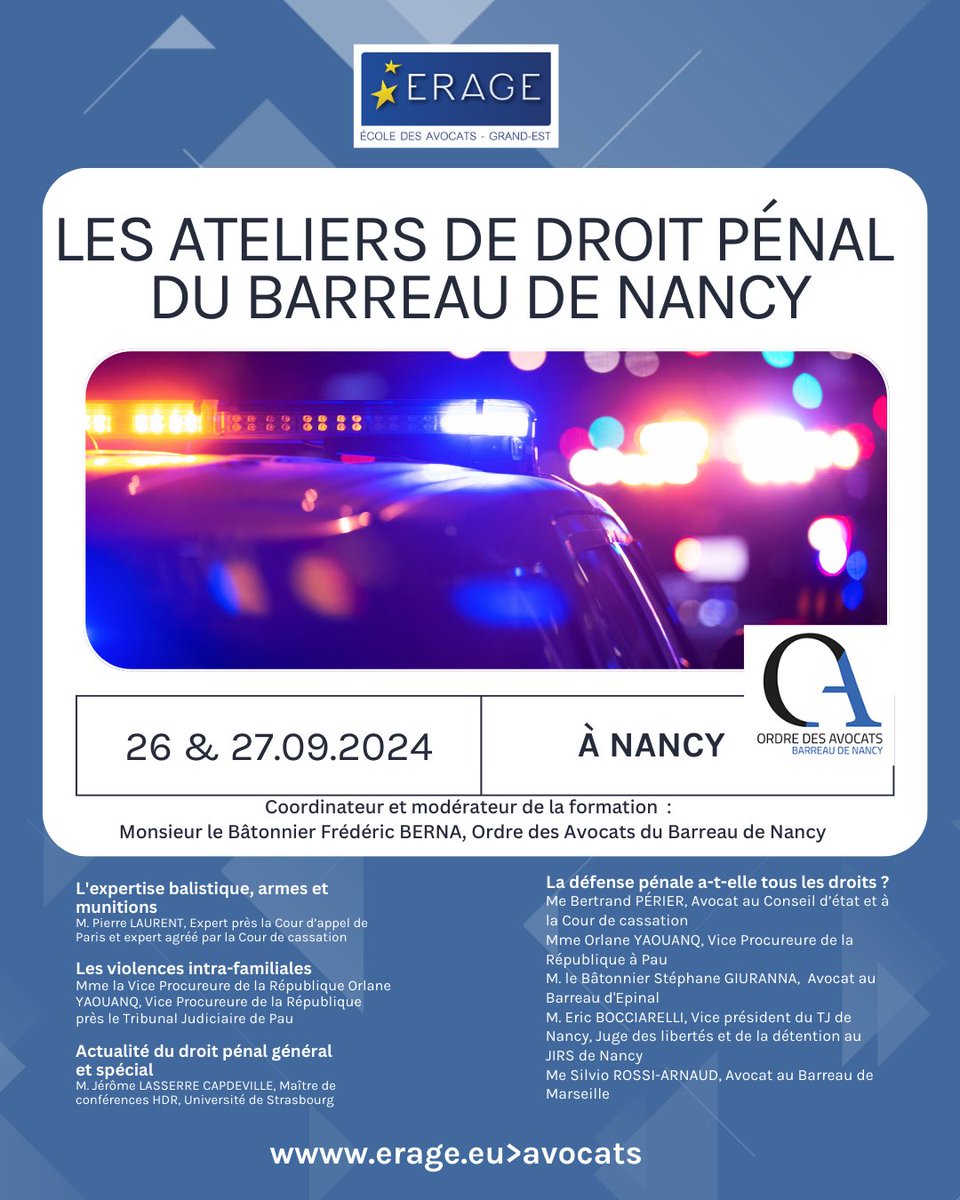LES ATELIERS DE DROIT PÉNAL 2024

Les inscriptions sont ouvertes ⤵️

erage.eu/avocats/nos-fo…

Un programme toujours plus excitant, des intervenants toujours brillants, une ambiance et des échanges passionnants et conviviaux.

Tous à Nancy les 26 et 27 septembre prochains