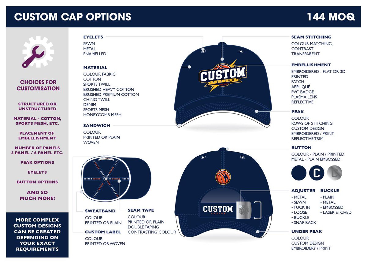 Euro_Cap's tweet image. A guide to our custom made hats! Low minimum order and super fast delivery!

#lowminimums #lowminimumorderquantity #fastdelivery #custom #custommade