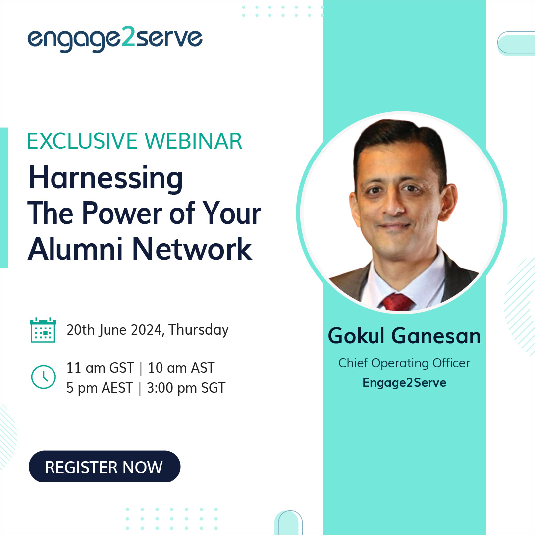 Engage2Serve's tweet photo. Looking to build a thriving and vibrant alumni community with proven technology? Join us for this exclusive webinar for Alumni Relations professionals, by the COO of @Engage2Serve, Gokul Ganesan on 'Harnessing The Power of Your Alumni Network'

https://t.co/Rn4boNwvZs https://t.co/A5IRUKbfhk