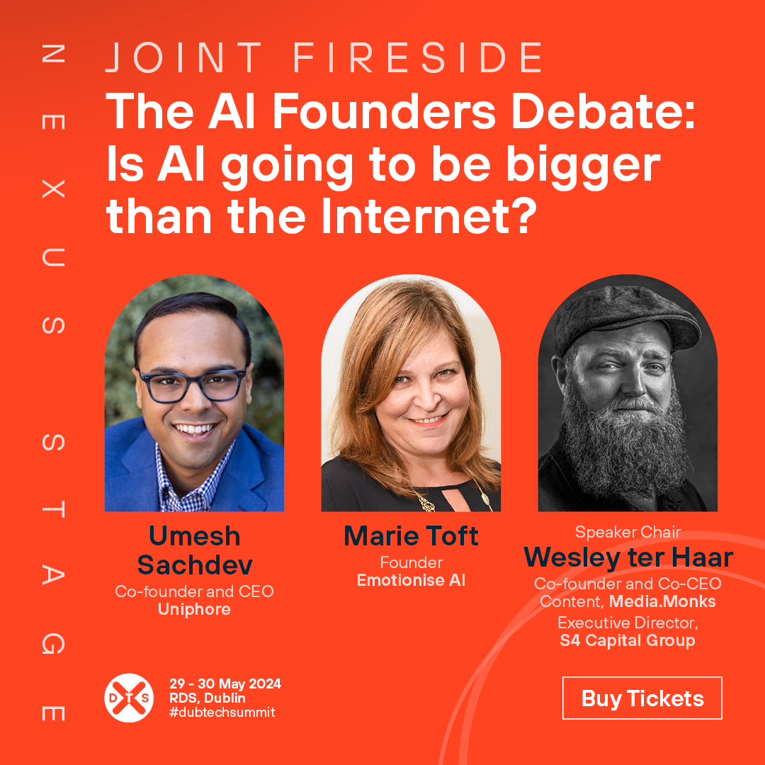 💬 The AI Founders Debate: Is AI going to be bigger than the Internet?

Meet our experts Umesh Sachdev from <a href="/uniphore/">Uniphore</a> Marie Toft from <a href="/Emotionise/">Marie Toft</a> AI and Speaker Chair Wesley ter Haar from <a href="/MeetTheMonks/">MonksAI</a>  (Executive Director, S4 Capital Group).

Watch as the pioneers of artificial
