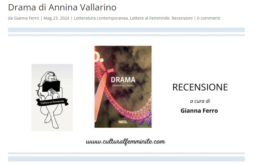 'Un romanzo intenso di emozioni e contraddizioni [...] Annina Vallarino ha scardinato un dogma: non peccare di pregiudizio e non dare nulla per scontato.' . Gianna Ferro su DRAMA per Letteratura e Cultura al Femminile. Recensione completa qui👉shorturl.at/E3ruY