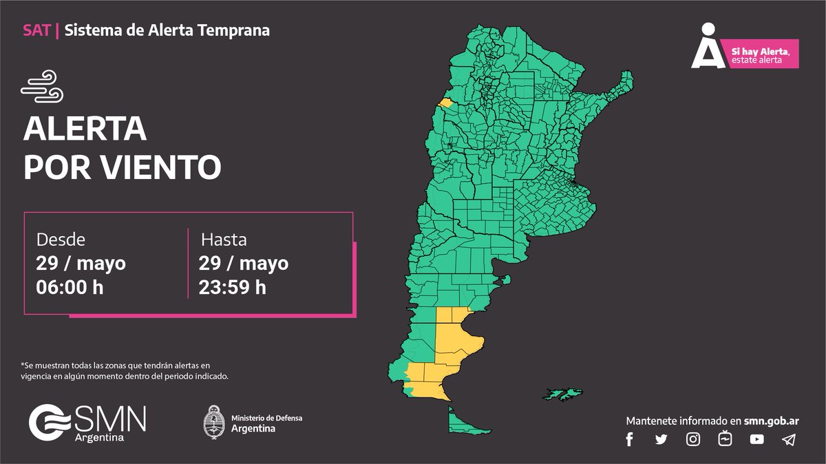 29 MAYO ⚠️ #Alertas para hoy: 🥶 Temperaturas extremas: #frío ⚠️ Efecto en la salud 🟥 Alto a extremo 🟧 Moderado a alto 🟨 Leve a moderado 🌧️ #Lluvia 🟨 15-25 mm 🌬️ #Viento 🟨 40-50 km/h con ráfagas ≥ 95 km/h ❄️ #Nevadas 🟨 10-15 cm 📲 Más info👉 smn.gob.ar/alertas