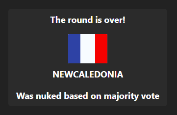 The majority of presidents voted to nuke New Caledonia, A small island country that is part of French territory. The lucky country that received 50% of the liquidity was Egypt. Below are the revealed votes USA: 'CHAD', CHAD: 'abstain', UK: