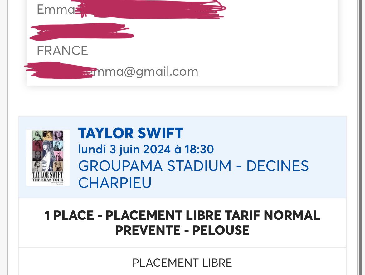 emaafp's tweet photo. coucou ! je vends ma place pour taylor swift le 3 juin à lyon en pelouse car je me suis achetée une place assise, je la propose ici avant de la mettre sur ticket master pour faire économiser la marge que TM se prend. je la vends au prix d’achat : 98.45 ! 🫶🏻 https://t.co/74CO437kS4