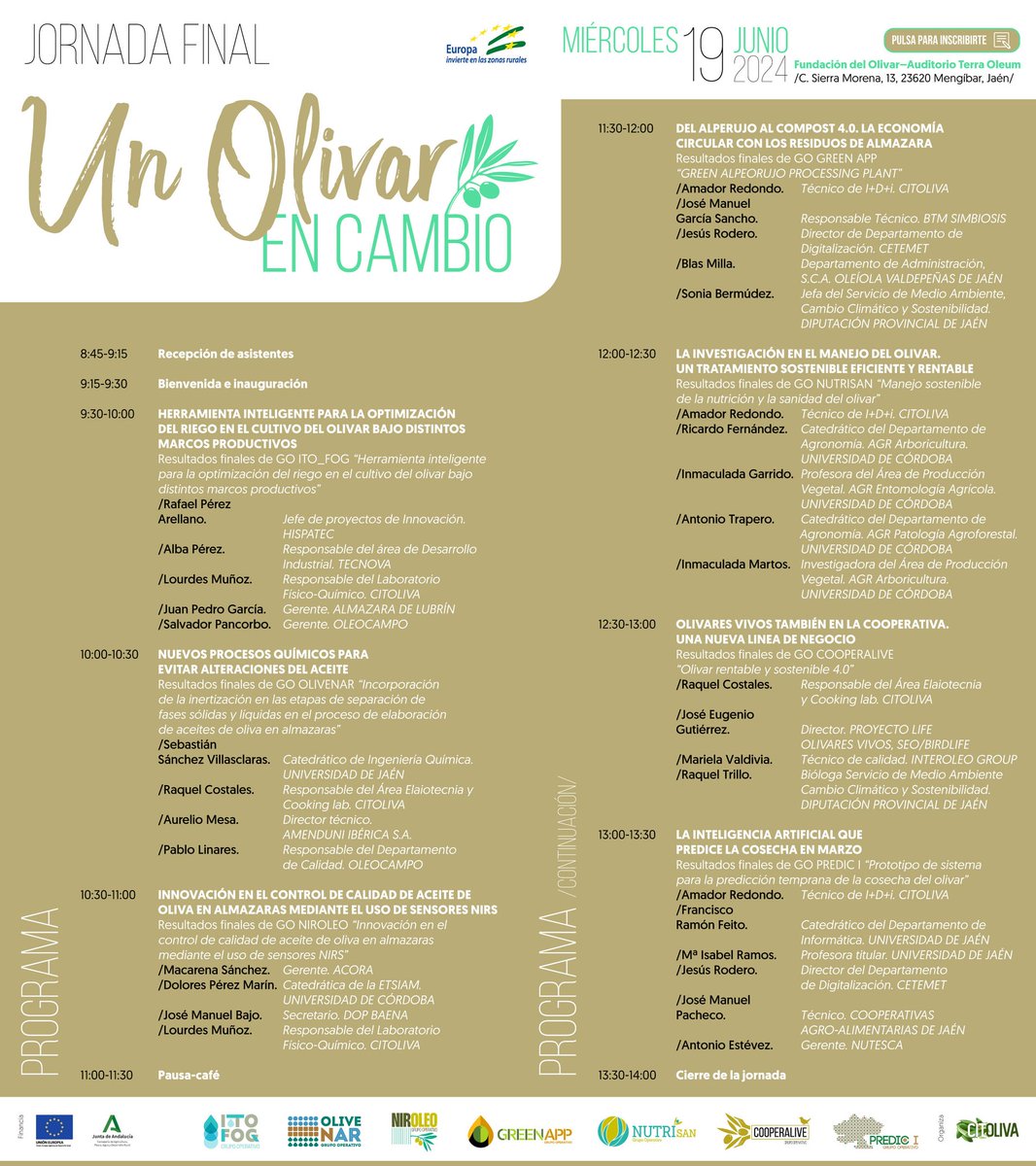 🗣️📣Nos vemos el 19/06/24 en la jornada final del proyecto #Nutrisan: 🫒Un olivar en cambio🫒

Investigadores de <a href="/AgronomiaUCO/">DAUCO</a> con más de 30 años de experiencia, te informarán de los avances 

⚠️¡No te lo pierdas!⚠️

<a href="/citoliva/">citoliva</a> <a href="/CordobaCiencia/">UCCi Córdoba</a> 
Financia: #FEADER <a href="/AgriculturAnd/">Consejería AgriPesca</a>