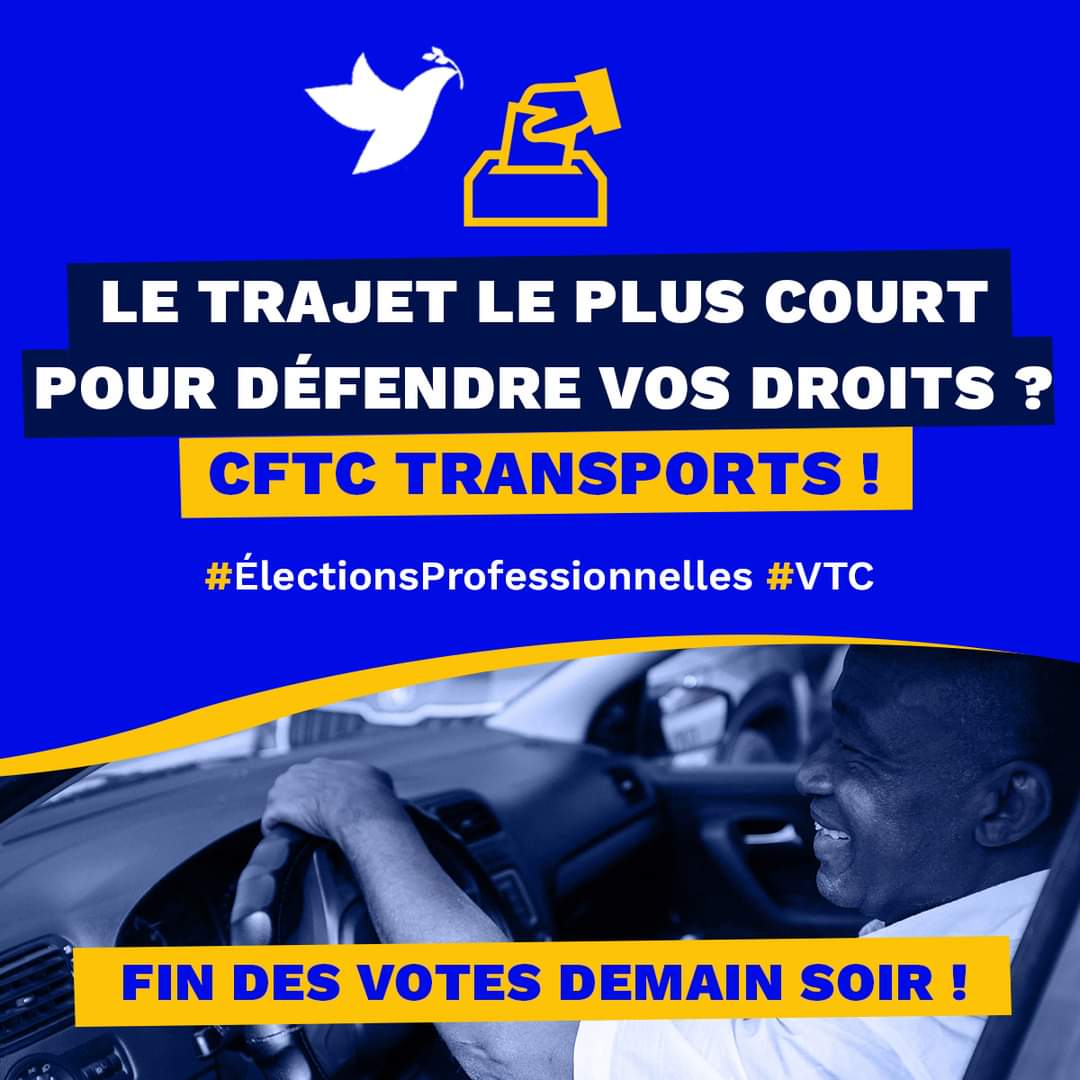Élections professionnelles - Travailleurs de plateformes #livreurs et #VTC

🔜 ➕️ 2 jours pour élire ceux qui vont vous représenter pendant 4 ans !
Jusqu'au 30/05, rdv sur arpe.gouv.fr/elections-2024/ VOTER #CFTCTransports choisir un syndicat qui défendra concrètement vos droits !