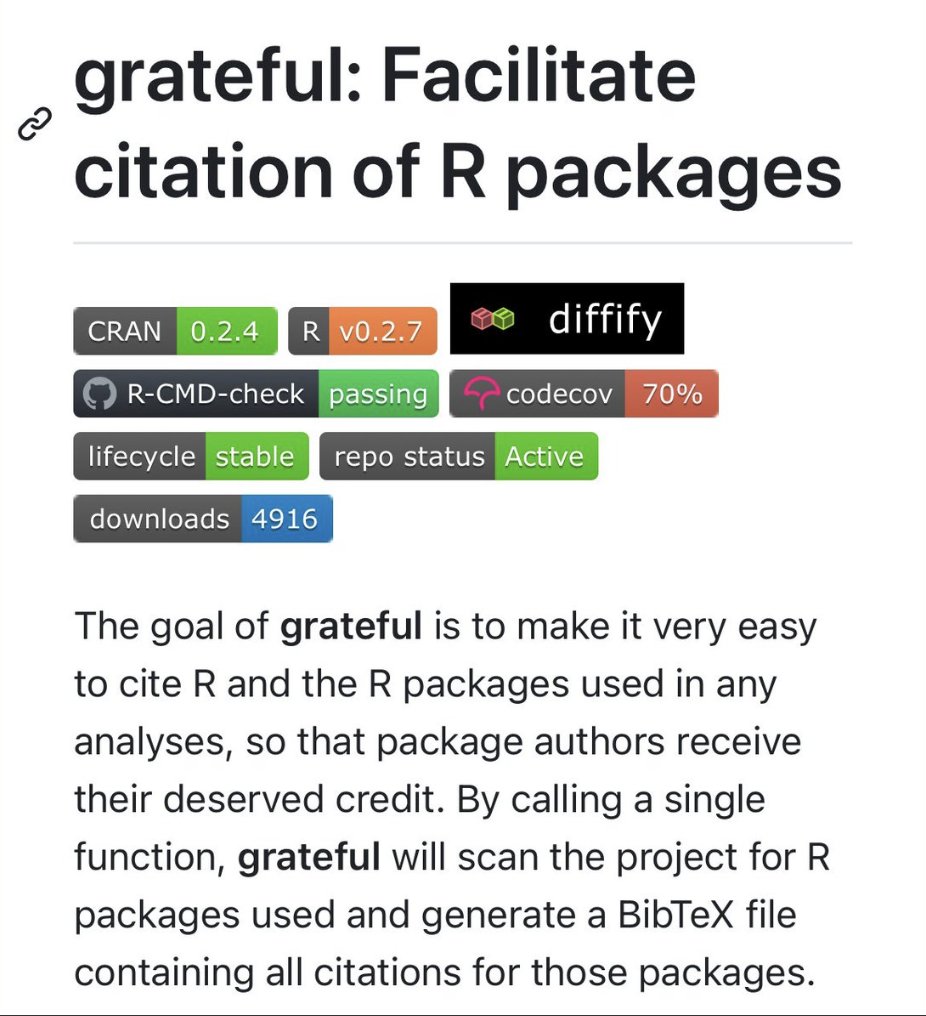 Citing packages and their dependencies is critical! github.com/Pakillo/gratef…

BUT don’t forget: many packages rely on published research for their methods. DO YOUR HOMEWORK – cite the original publications too!

Citing packages as the source of development can lead to miscitation.
