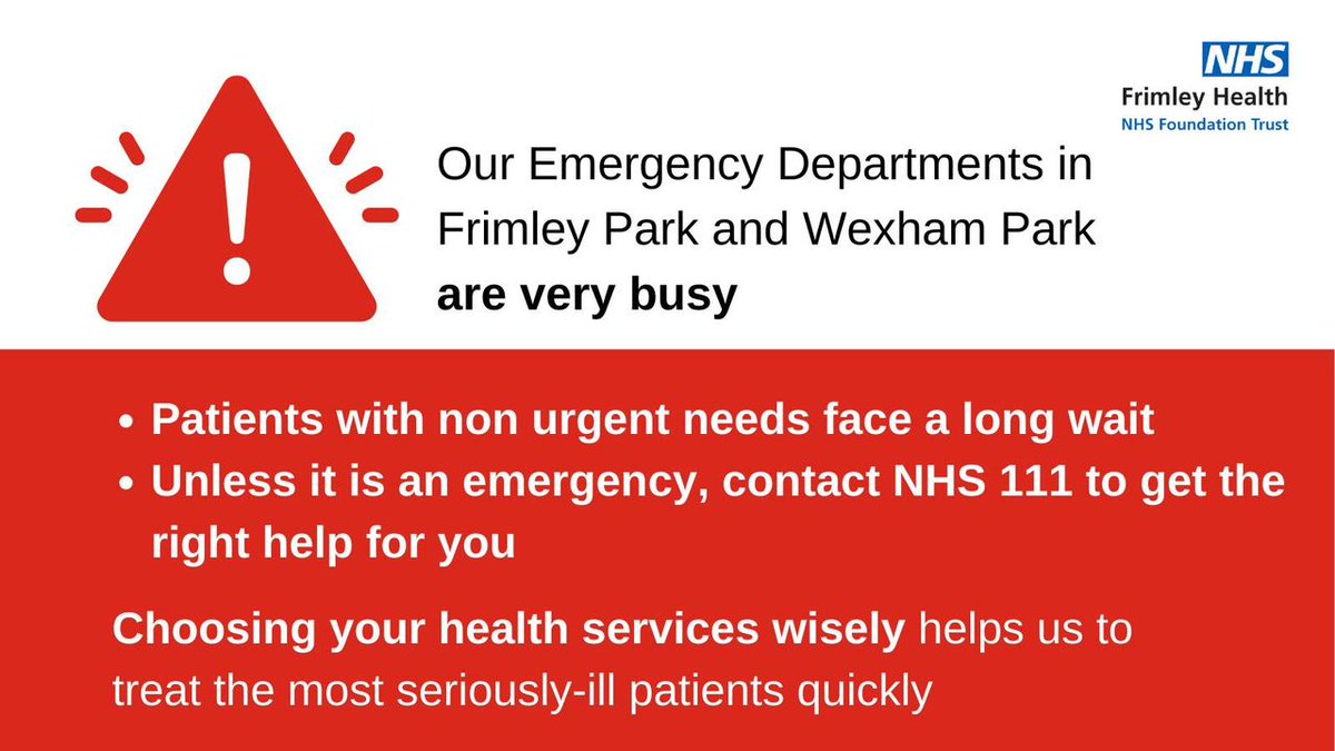 ❗ Our emergency departments (A&E) are currently facing extreme pressures ❗ ➡️ Call 111 or visit NHS 111 online to get the right care for you 111.nhs.uk Only attend A&E in an emergency or in life threatening conditions.