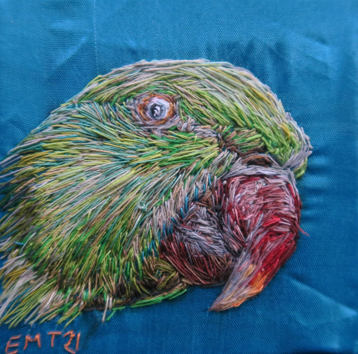 Today's #MHHSBD word challenge is green,
'Parakeet'
thread painting - hand embroidery artwork