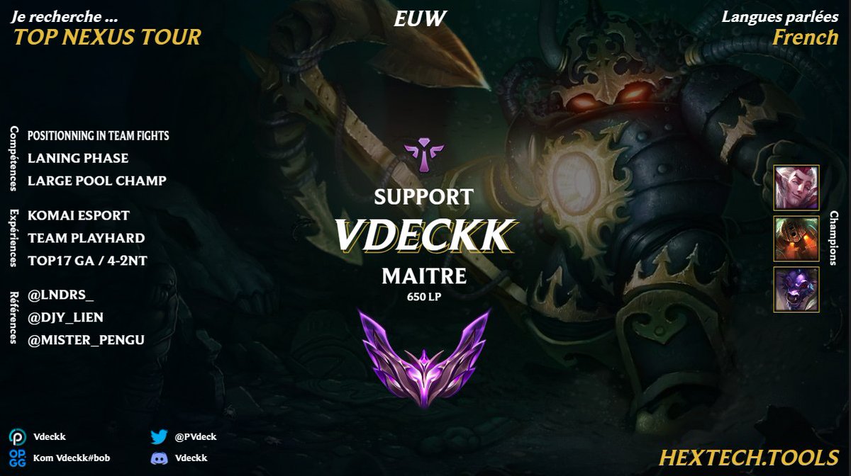 Hello, after many steps of nexus tour, @Komaiesport
allowed me to explore my option mainly looking for top NT 
650 lp peak
@LoL_LFT_Fr
Feel free to dm me for more informations or

like and rt appreciated :)