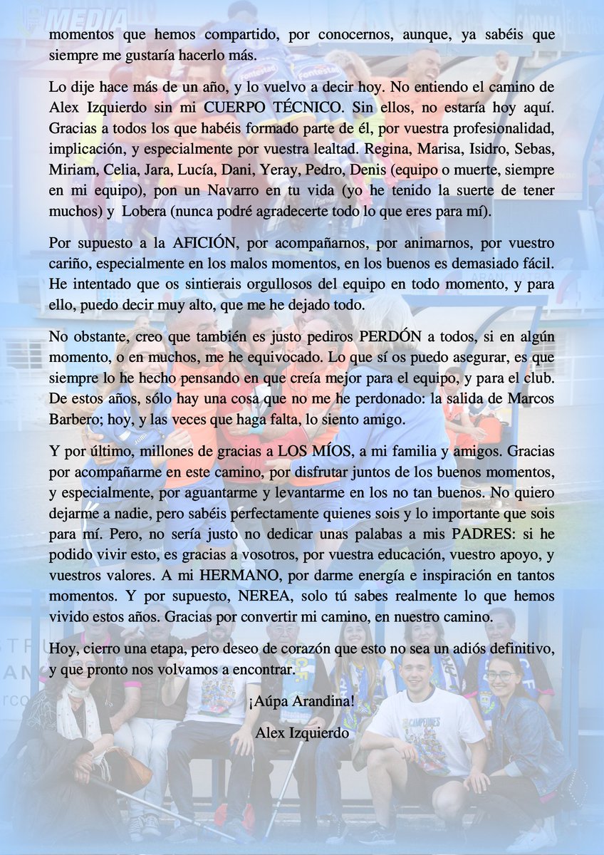 Alex Izquierdo (@alexizdo_10) on Twitter photo Decisión difícil, quizá demasiado. Nunca me imaginé que este momento llegaría así, pero así es el fútbol, la vida.
GRACIAS por tanto <a href="/ArandinaCF/">Arandina C.F.</a> 💙 Decisión difícil, quizá demasiado. Nunca me imaginé que este momento llegaría así, pero así es el fútbol, la vida.
GRACIAS por tanto <a href="/ArandinaCF/">Arandina C.F.</a> 💙