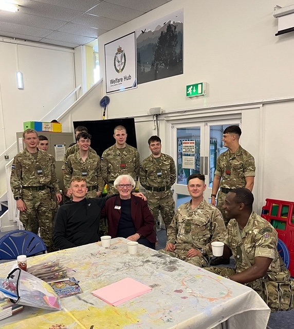 WrvsServWelfare's tweet photo. Great picture of WRVS Fiona with staff from 678 Sqn and ITT Middle Wallop, attending National Biscuit day coffee morning. What a great community event to share a brew and a biscuit. Happy dunking 🍪 ☕️ #NationalBiscuitDay @ArmyAirCorps https://t.co/XaE4NBRSlT