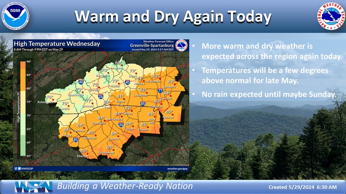 Looks like a typical late May day across the region, with high temps a few degrees above normal, but it should be dry again. #ncwx #scwx #gawx