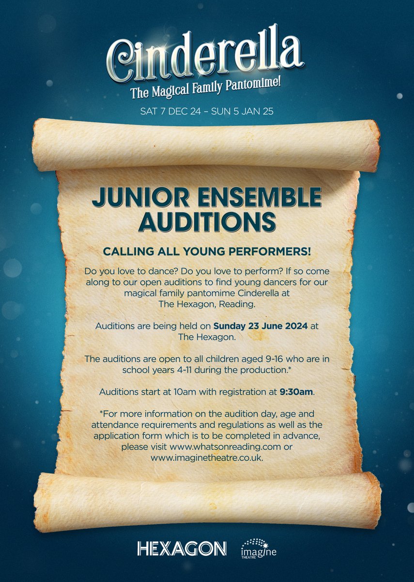 Ok Starlets... Want to perform in this year's Panto at The Hexagon? Junior Ensemble Auditions are taking place on Sun 23 June - open to 9-16 year olds* Visit the Cinderella show page for full details whatsonreading.com/cinders and you just may go to The Ball! @RDGWhatsOn @RdgToday