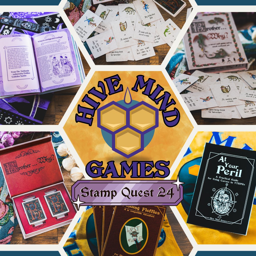 The UK Tabletop Industry is excited to team up with Hive Mind Games (along with Leith Illustration) for #StampQuest24 AND our stall at #UKGE. Come by our stall at 1-592 to check out the hilarious Brother...Why? card game and Eye to the Void, a guide to divination for TTRPGs!