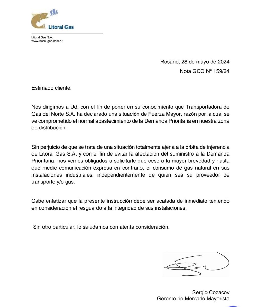 arilijalad's tweet photo. Gas: esta es la carta que reciben industriales.
Les piden que cesen "a la mayor brevedad y hasta que medie comunicación" el consumo de gas. Sino les ponen multas.
#RepartanLaComida https://t.co/5I2fBpCgrB