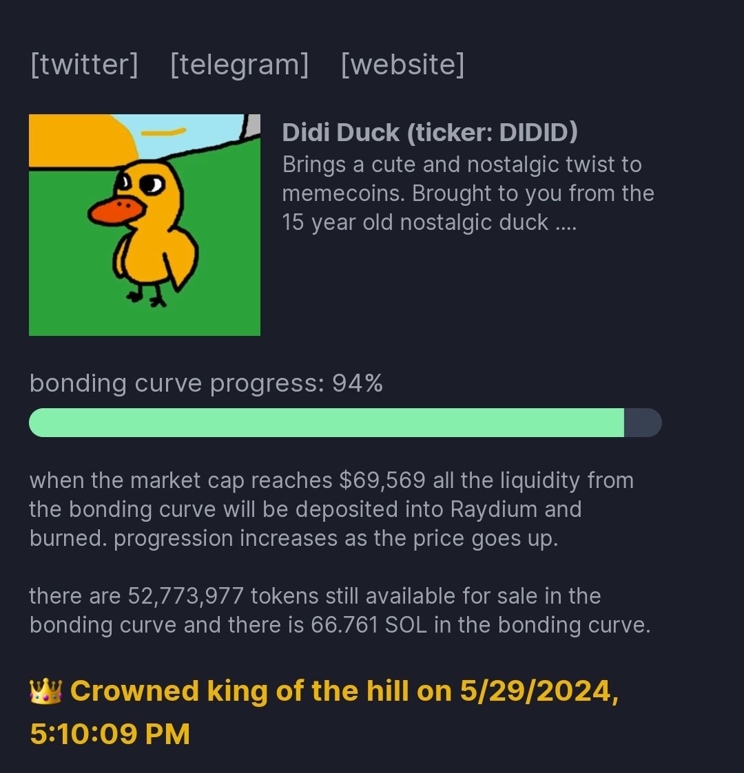 dididuckonsol's tweet photo. King of the hill. Raydium soon!
https://t.co/Vip4zuOH81 https://t.co/dNS8fKQpp4