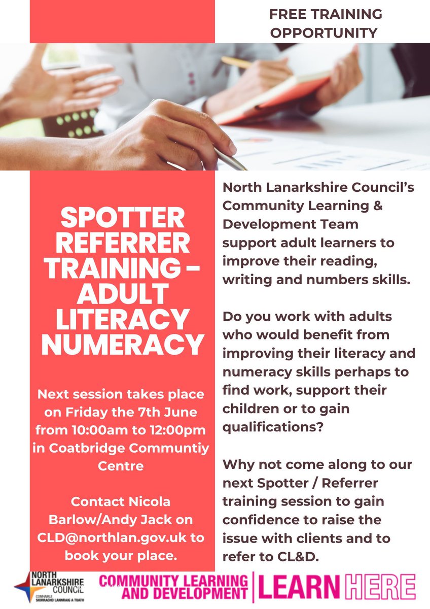 FREE Adult Literacy & Numeracy Spotter Referrer training on Fri 7th June from 10am to 12noon. An interactive session to provide strategies for partners working with adults who may benefit from attending ALN learning. Email: cld@northlan.gov.uk #BecauseofCLD #AdultLearningMatters