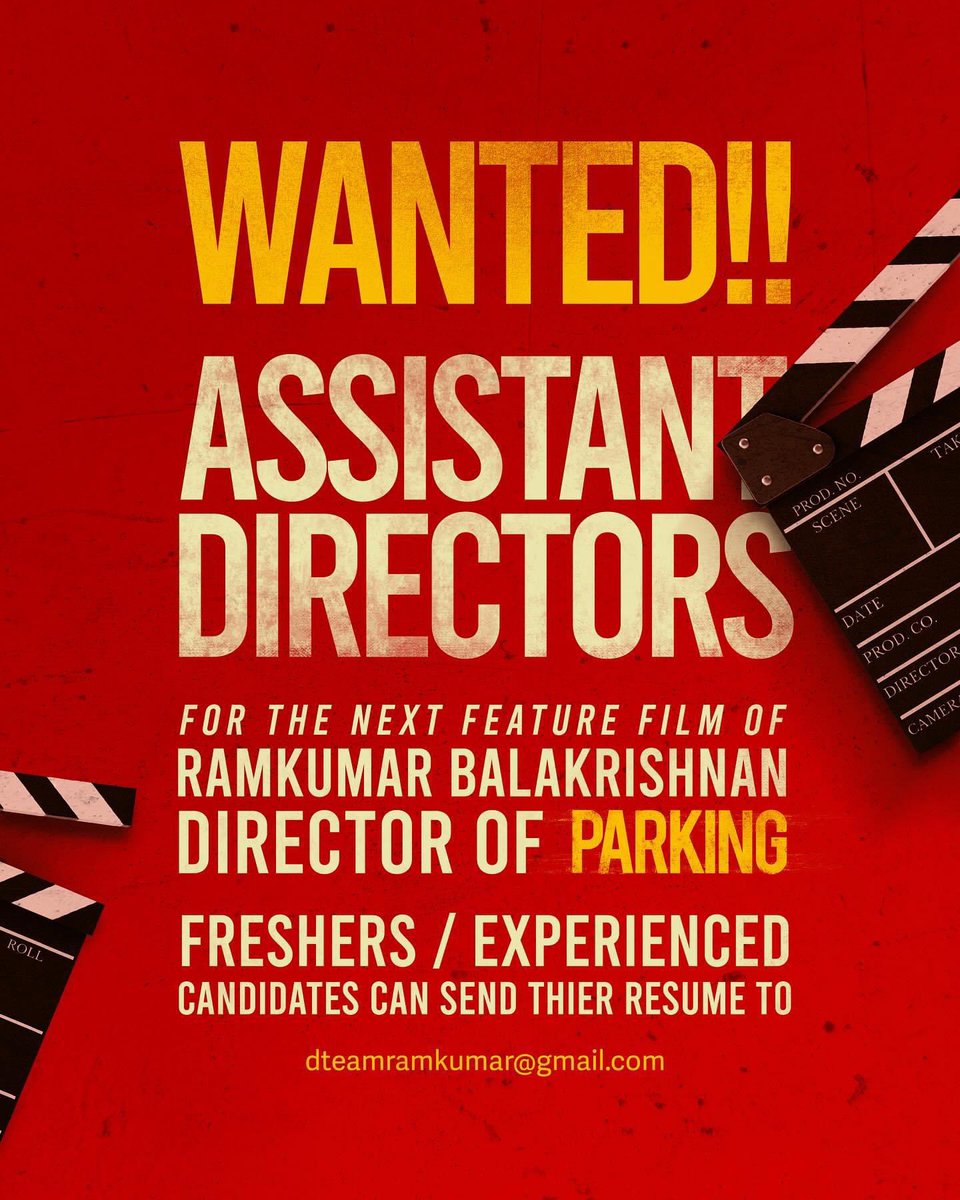 AuditionAreHere's tweet photo. Wanted Assitant Directors. From #parking movie director. (Feature Film)
#arh #auditionsarehere #directionteam #assitantdirector #codirector #tamil #kollywood #kollywoodcinema #kollycinema #tamilfilm #tamilmovies #tamilcinema #parkingmovie https://t.co/KBZ2jbGJWW
