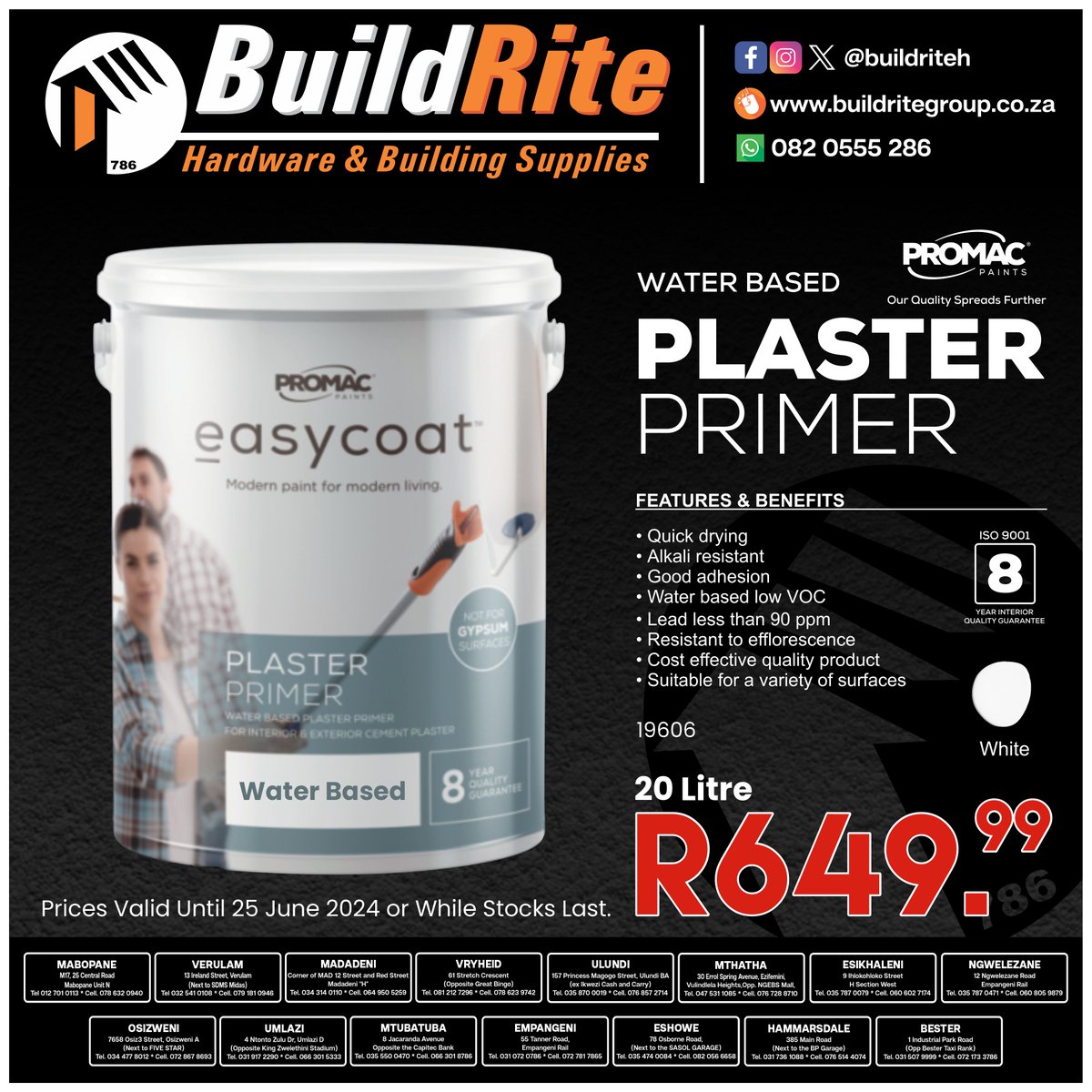 BuildriteH's tweet image. Head down now to your nearest Build Rite Hardware and grab this Great deal at R649.99. 🥳
Promac Easycoat Plaster Primer😁 

#plasterprimer #Promac #sale #specials #HurryWhileStocksLast #trendy #Home #buildriteh #special #promo #sale #deals